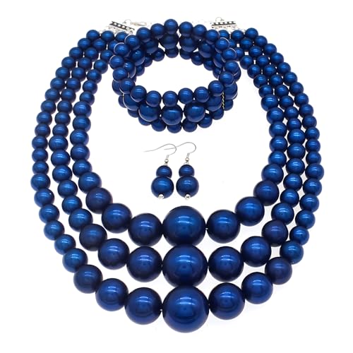Big Chunky Pearl Necklace and Earrings Set Large Costume 1920s Faux Pearls Gatsby Accessories - color: A-royal blue