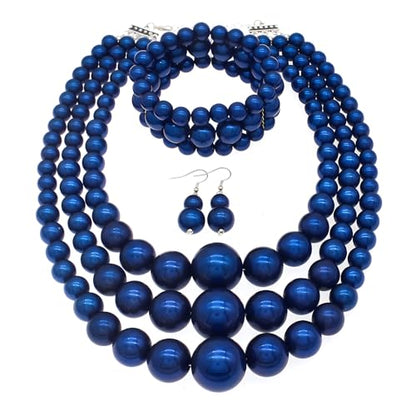 Big Chunky Pearl Necklace and Earrings Set Large Costume 1920s Faux Pearls Gatsby Accessories - color: A-royal blue