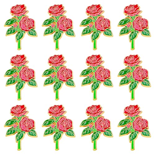 12 Pcs Red Rose Flower Enamel Lapel Pin, 1.5 inch Metal Badge Brooch for Women Men Clothes Bags Hats - style: Red Rose
