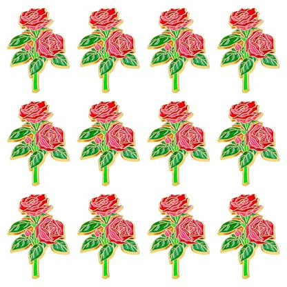 12 Pcs Red Rose Flower Enamel Lapel Pin, 1.5 inch Metal Badge Brooch for Women Men Clothes Bags Hats - style: Red Rose