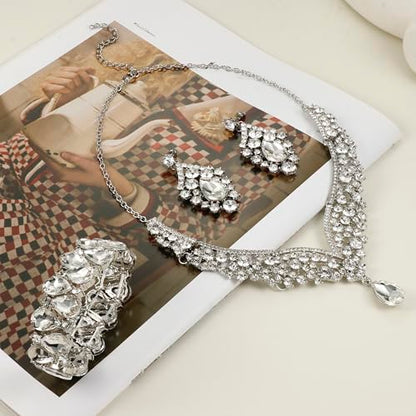 IRONBOX Crystal Wedding Bridal Jewelry Set for Women Prom Sliver Rhinestone Teardrop Necklace Earrings Bracelet Wedding Bridesmaid Gifts Fit with Wedding Dress