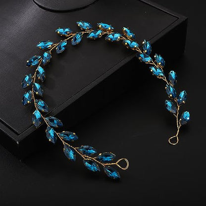 Teyglen Bride Wedding Crystal Hair Vine Full Blue Crystal Headband Bridal Hair Accessories Wedding Headpiece Handmade Rhinestone Hair Piece Headband for Women Girls (Peacock Blue) - color: Peacock Blue
