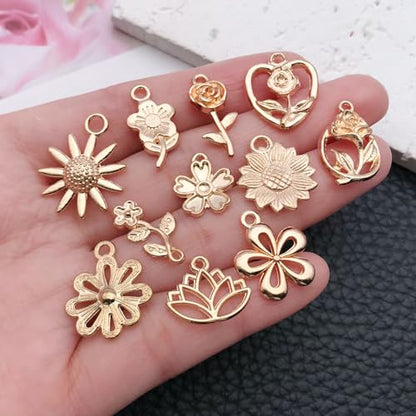 WOCRAFT 60pcs KC Gold Flowers Charms Bracelet Charms for Jewelry Making Sets DIY Necklace Bracelet Keychain Crafting Charms Kit Craft Supplies (SN878) - color: KC Gold, size: Flowers Charms