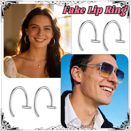 6Pcs Fake Lip Piercing Fake Lip Ring Cuff Stainless Steel Fake Snake Bites Clip on Ear Cuff Cartilage Earring Non Piercing Body Jewelry for Women Men - color: Silver