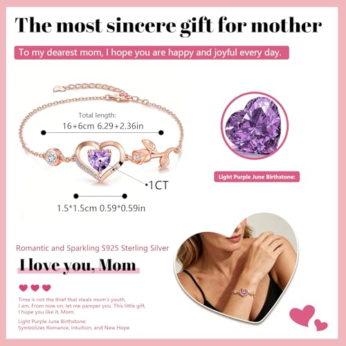 1CT Rose Heart Birthstone Bracelet for Women Love Gift - style: 06-Jun Light Purple Rose Gold