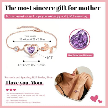 1CT Rose Heart Birthstone Bracelet for Women Love Gift - style: 06-Jun Light Purple Rose Gold