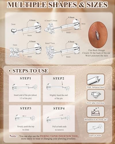Fansilver 14K Gold Plated Threadless Flat Back Earrings for Women Men | 316L Surgical Steel Push in Nose Piercings Lip Rings,CZ Nostril Helix Conch Medusa Tragus Piercing Jewelry,16/18/20G,6/8mm - color: Silver Plated, size: 20G:8mm