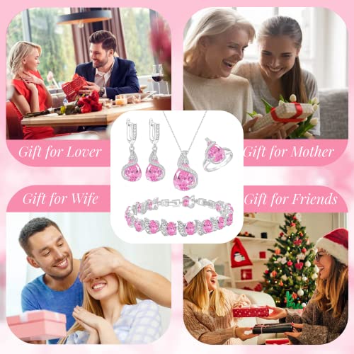 GZWHD Jewelry Set for Women Water Drop Cubic Zirconia Artificial Crystal Earrings Pendant Necklace Open Ring Tennis Bracelet Wedding Anniversary Birthday Engagement Gift for Bridesmaid Wife Girlfriend Friend - color: Pink