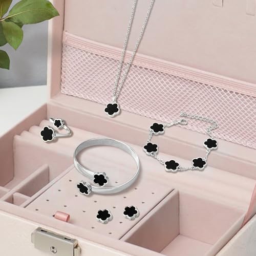 Lucky Flower Alloy Jewelry, Lucky Flower Design Necklace Earrings Bracelet Bangle Ring Jewelry Set, Clover Gold Plated Chain Wrap Ornament & Plush Pouch for Women - color: Silver