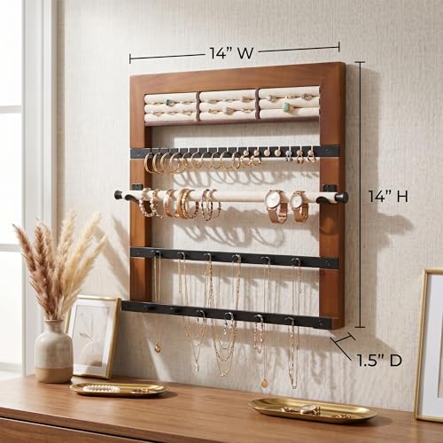 Hives and Honey Tori Wall Hanging Jewelry Rack – Wall-Mounted Organizer with Ring Rolls, Earring Slots, Bracelet Bar & Necklace Hooks, Anti-Tarnish Linen, Walnut - color: Walnut