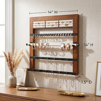 Hives and Honey Tori Wall Hanging Jewelry Rack – Wall-Mounted Organizer with Ring Rolls, Earring Slots, Bracelet Bar & Necklace Hooks, Anti-Tarnish Linen, Walnut - color: Walnut