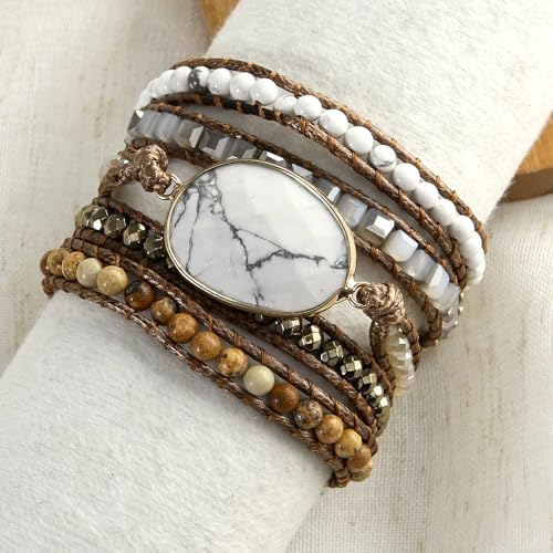 Women Wrap Bracelet Boho Natural Jasper Crystal Stone Beads Strand Bracelets - color: Style 18-White Turquoise