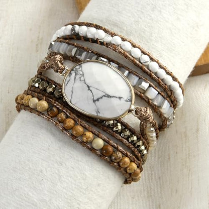 Women Wrap Bracelet Boho Natural Jasper Crystal Stone Beads Strand Bracelets - color: Style 18-White Turquoise