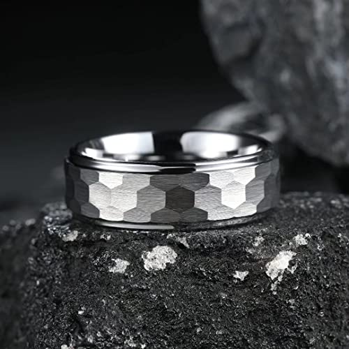 King Will Hammered 8mm Silver Tungsten Ring Hammer Men Wedding Band Comfort Fit - color: Step Edge