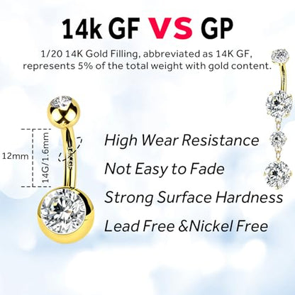 2pcs 14k Gold Filled Belly Button Rings, 14G 8mm/10mm/12mm Threaded Barbell Belly Button Piercing, Navel Ring Piercing Jewelry - color: 14K GF-2pcs-Dangle-12mm