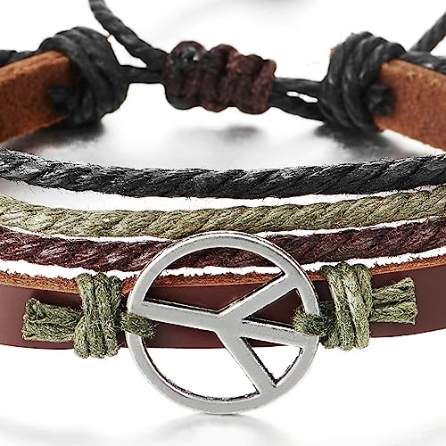 COOLSTEELANDBEYOND Men’s Adjustable Peace Sign Leather Bracelet, Multi-Strand Braided Cord Wristband, Boho Fashion Jewelry Gift for Him