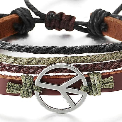 COOLSTEELANDBEYOND Men’s Adjustable Peace Sign Leather Bracelet, Multi-Strand Braided Cord Wristband, Boho Fashion Jewelry Gift for Him
