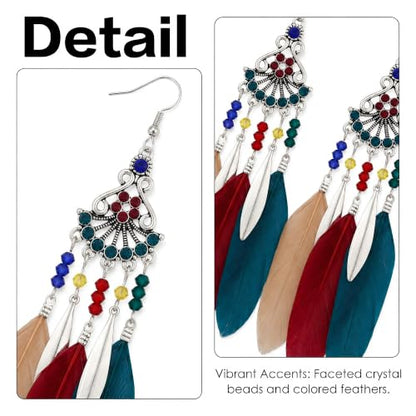 FRESHME Feather Earrings for Women - Native American Jewelry Boho Dangle Ethnic Indian Ear Drop for Music Festival Birthday - color: Dark Coloful