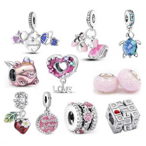 10 Pack Silver Bead Charms for Bracelets and Necklaces Pendant Dangle Beads Jewelry Gifts for Women Charm Set - color: Pink Love