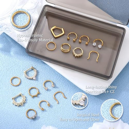 Besteel Hypoallergenic Septum Rings 16G 8mm Surgical Steel Clicker Nose Rings Hoops Set Small Lip Cartilage Helix Daith Piercing Jewelry for Women Men 16 Pcs Gold Silver Black - color: Gold
