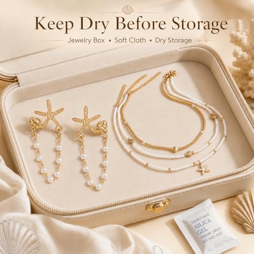 Sea Shell Necklace Set for Women, 3PCS Gold White Alloy Seashell Necklaces with 2PCS Matching Starfish Earrings, Ocean Inspired Beach Vacation Jewelry