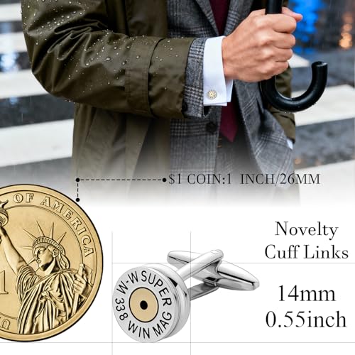 HAWSON Various Unique Cuff Links Mens, Animal/Tactical/Music/Holiday/Cufflinks, Themed Wedding Dinner Party Gift Suit Accessories - style: Silver Bullet Caliber