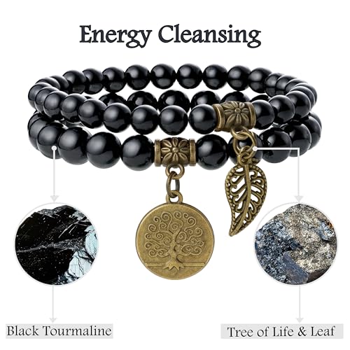 Bivei Natural Semi Precious Gemstone beads bracelet for women - Life Tree and Leaf Charm Energy Reiki Crystal Stretch Bracelets - color: Black Tourmaline Bracelet Set, size: Medium:6.8-7.24inch