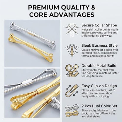Elandy 2Pcs Mens Tie Clips Shirt Collar Clip Necktie Bar Pinch Clip with Gold Silver Tone Business Tie Pins Collar Holder for Anniversary Wedding Party Meeting