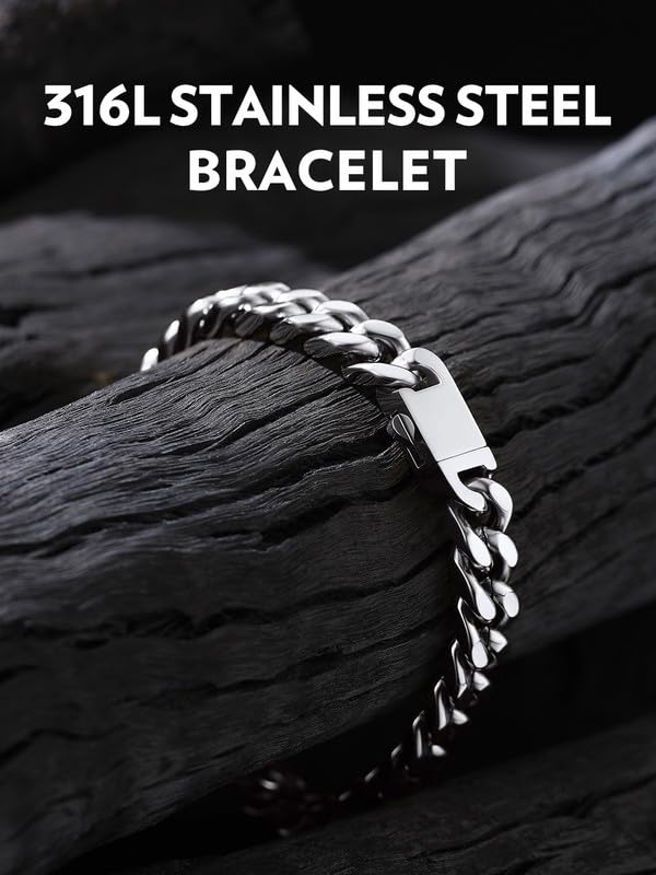 Bandmax Mens Hip Hop Cuban Link Bracelets 5/7/9/12MM Stainless Steel Miami Curb Chain Bracelet Silver/Gold Plated/Black Wristlet Chains for Men 7"-9" - color: 07 9MM-Steel