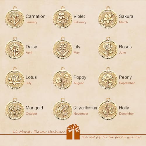 MJartoria Gold Layered Necklaces for Women Trendy Retro Birthflower Coin Pendant Necklace Dainty Chunky Chain Choker Necklaces for Jewelry Birthday Gifts - color: Golden, style: May Birthflower-Lily