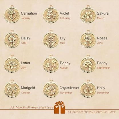 MJartoria Gold Layered Necklaces for Women Trendy Retro Birthflower Coin Pendant Necklace Dainty Chunky Chain Choker Necklaces for Jewelry Birthday Gifts - color: Golden, style: May Birthflower-Lily