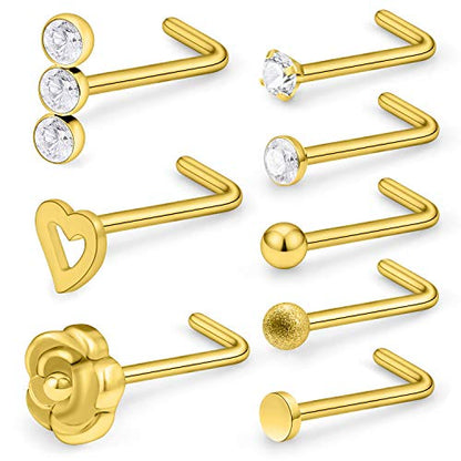 SCERRING 20G 8PCS Stainless Steel Flower Rose Heart L-Shaped Nose Stud Rings Piercing Jewelry Clear Cubic Zirconia - color: 8PCS - Gold