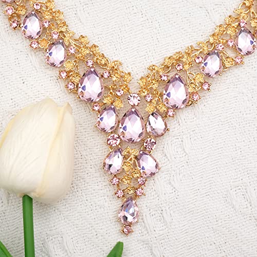 CSY Elegant Crystal Costume Jewelry Sets Flower Bridal Necklace Earrings Stretch Bangle Set for Bride Bridesmaid Wedding Dress Accessories - color: pink crystal