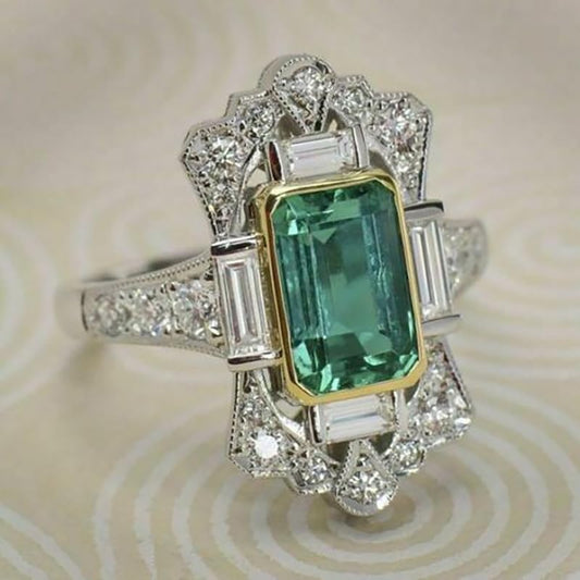 Vintage Green Synthetic Gemstone Rings for Women Two Tone Rings Party Banquet Exquisite Rings Jewelry - color: Silver