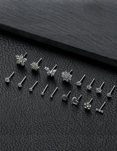 17Pcs Nose Rings Studs 20G Surgical Stainless Steel L Corkscrew Bone Shaped Nose Studs Butterfly Flower Heart Star Square Round CZ Nostril Piercing Jewelry for Women Silver Plated - style: C:Bone Shaped