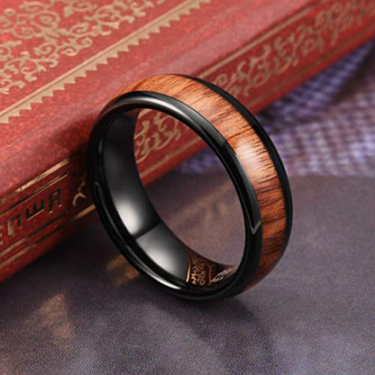 THREE KEYS JEWELRY Tungsten Wedding Band Koa wood Inlay Black Domed | 4mm, 6mm, 8mm, Everyday Wear, Black, Domed, Koa wood inlay - color: Black 6mm