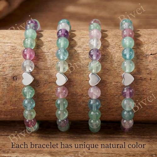 Bivei Crystal Stretch 6mm Bracelets for Women | Handmade Natural Stone Beaded Stretch Bracelet, Stainless Steel Heart Bead, Tranquility Yoga Gift Jewelry for Women - color: Fluorite - Cleansing