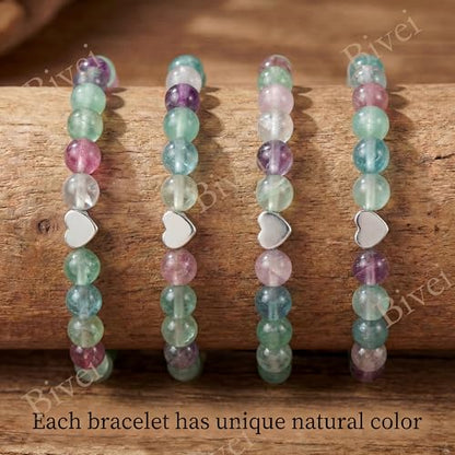 Bivei Crystal Stretch 6mm Bracelets for Women | Handmade Natural Stone Beaded Stretch Bracelet, Stainless Steel Heart Bead, Tranquility Yoga Gift Jewelry for Women - color: Fluorite - Cleansing