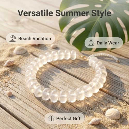 Chunky Beaded Statement Necklace for Women, Colorful Rondelle Bead, Bohemian Style, Adjustable Length, Summer Beach Accessory - color: White