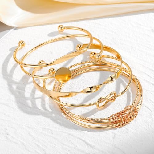 Gold Bangle Bracelets for Women, 14k Gold Plated Multi Layer Textured Stackable Open Bracelet Set Boho Indian Bangles Stackable Set Trendy Elegance Charms Non Tarnish Minimalist Bangle Pack - style: Gold 5Pcs