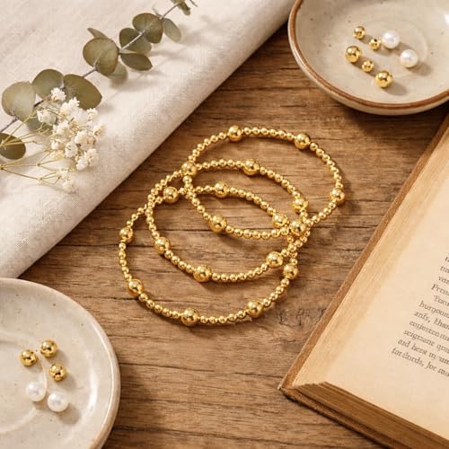 Gold Bracelets for Women, Beaded Cross Stack, Non Tarnish Set，Set-1 | Gold Beaded Bracelet Stack with Stretch Fit, Waterproof Finish and Dainty Design for Everyday Wear and Gifts - color: Colors-14