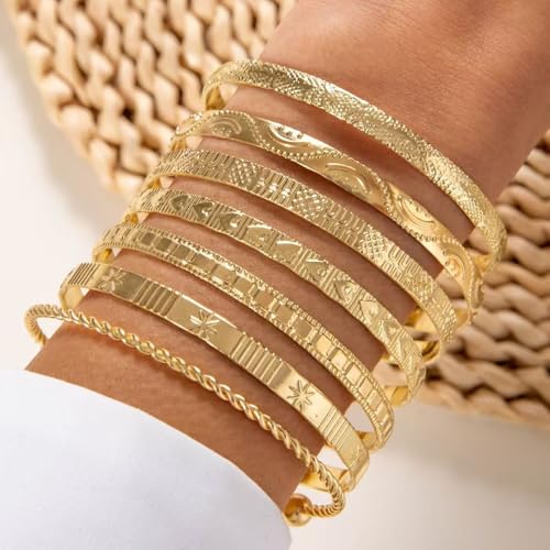 Gold Bangle Bracelets for Women, 14k Gold Plated Multi Layer Textured Stackable Open Bracelet Set Boho Indian Bangles Stackable Set Trendy Elegance Charms Non Tarnish Minimalist Bangle Pack - style: Gold 7Pcs