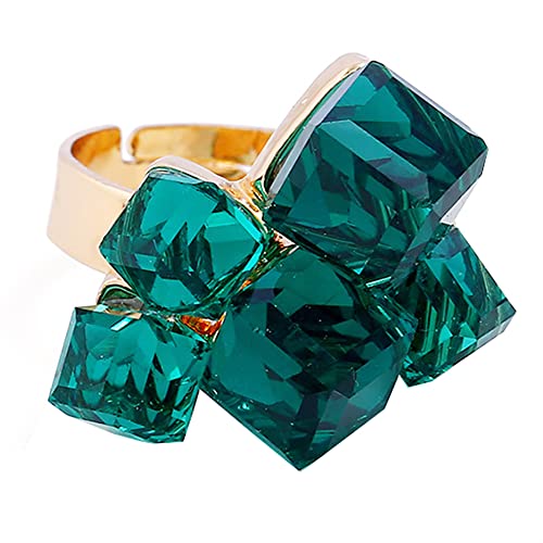 Hebelee Boho Square Crystal Statement Ring for Women Adjustable | Gold-Toned Expandable Promise Engagement Geometric Rings Comfort Fit Elegant Art Deco Christmas Cocktail Y2K Jewelry - color: Green