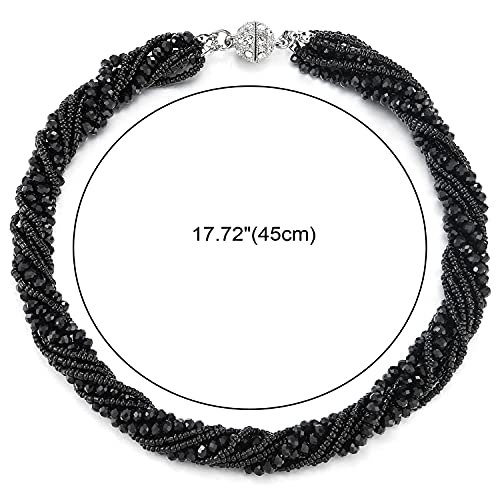 COOLSTEELANDBEYOND Multi-Layer Beads Crystal Braided Chain Choker Collar Magnetic Clasp,Statement Necklace, Bracelet - color: B1-Necklace Black Color