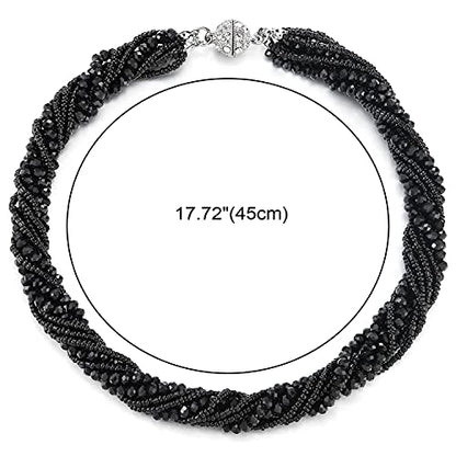 COOLSTEELANDBEYOND Multi-Layer Beads Crystal Braided Chain Choker Collar Magnetic Clasp,Statement Necklace, Bracelet - color: B1-Necklace Black Color