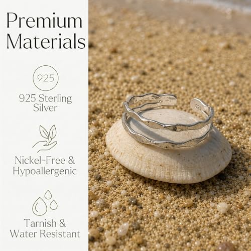 Sterling Silver Toe Ring, Adjustable Open Band, Handmade | Fits Toe, Knuckle or Pinky Ring | One Size Fits Most | Comfortable to Wear | Minimalist Style | Water Resistant - style: Hammered Double-Band