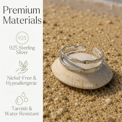 Sterling Silver Toe Ring, Adjustable Open Band, Handmade | Fits Toe, Knuckle or Pinky Ring | One Size Fits Most | Comfortable to Wear | Minimalist Style | Water Resistant - style: Hammered Double-Band
