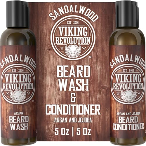 Viking Revolution Beard Wash & Conditioner Set - Sandalwood - 5 oz | Formulated with Argan & Jojoba Oils - Softens & Strengthens Beard - Sandalwood Scent - size: 5 Fl Oz (Pack of 2)