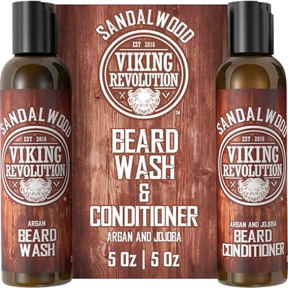Viking Revolution Beard Wash & Conditioner Set - Sandalwood - 5 oz | Formulated with Argan & Jojoba Oils - Softens & Strengthens Beard - Sandalwood Scent - size: 5 Fl Oz (Pack of 2)