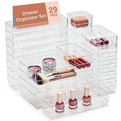 SMARTAKE 29 PCS Drawer Organizer, 4-Size Desk Bathroom Drawer Organizer | 4-Size Storage Tray with Non-Slip Silicone Pads for Makeup, Jewelries, Utensils in Bedroom Dresser, Office and Kitchen Clear - size: X Large